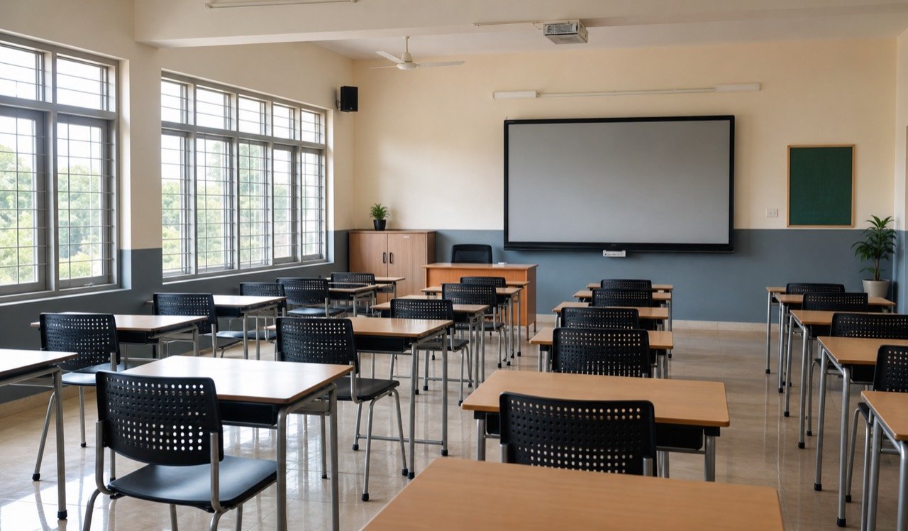 Static classroom photo representing a traditional campus brochure