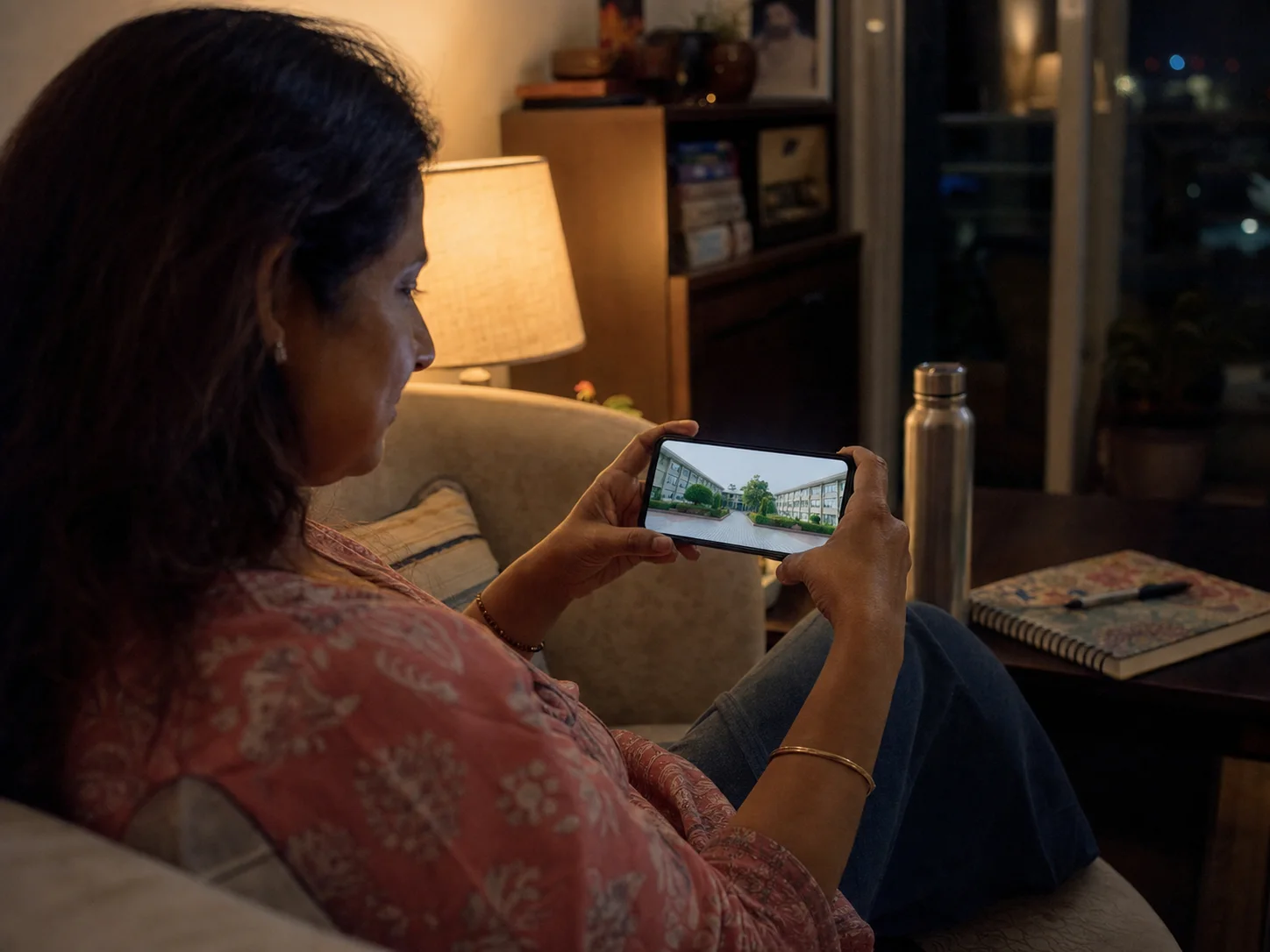 A mother exploring a campus tour at night on her phone